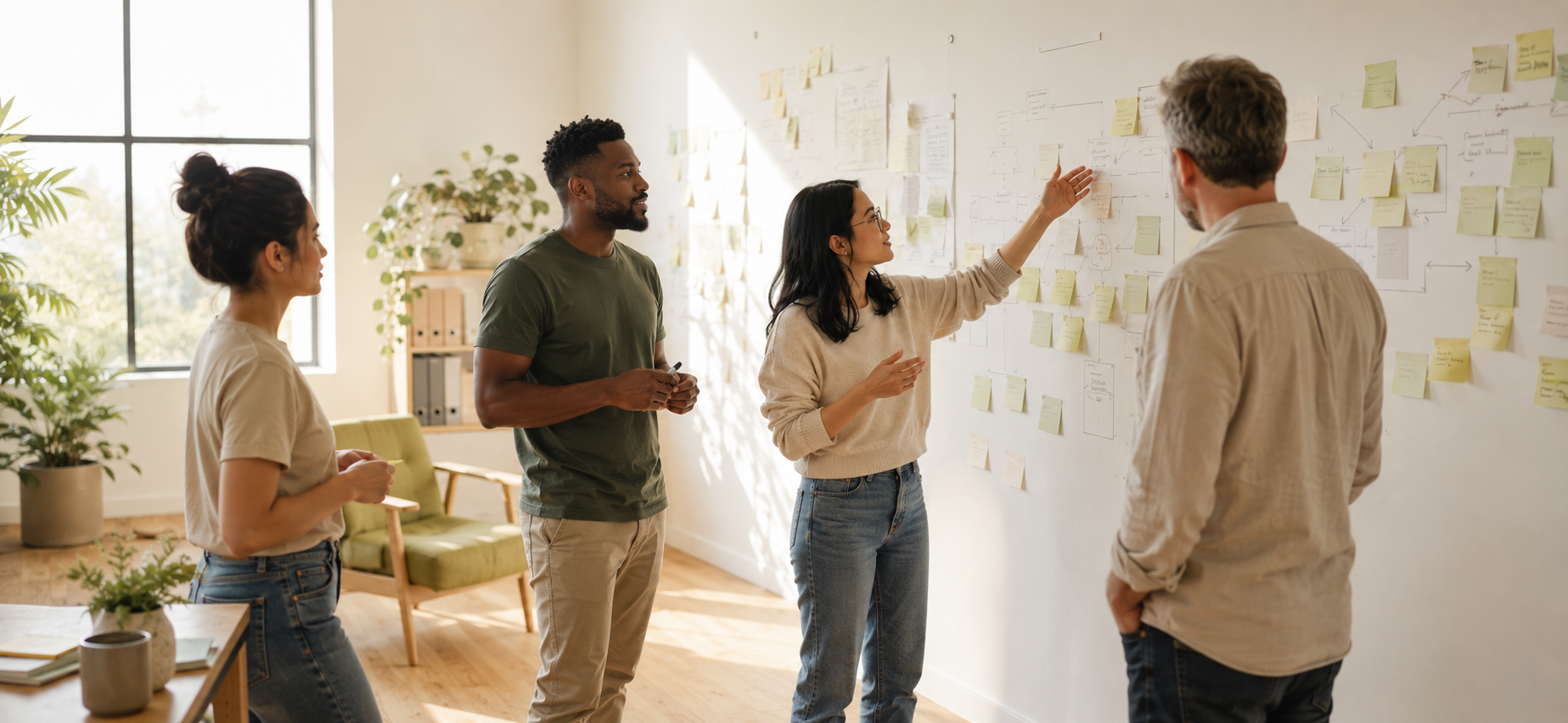 Nonprofit team planning together at a wall of sticky notes in a bright, plant-filled workspace.