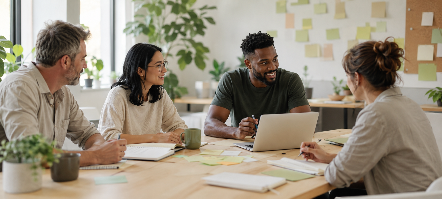 Small nonprofit team of four colleagues discussing strategy together in a bright office.