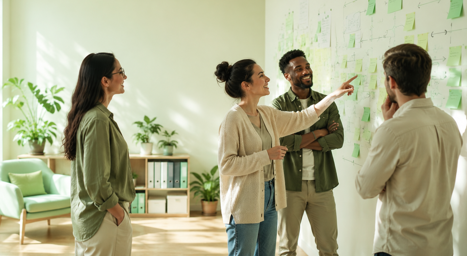 Nonprofit team planning together at a wall of sticky notes in a bright, plant-filled workspace.