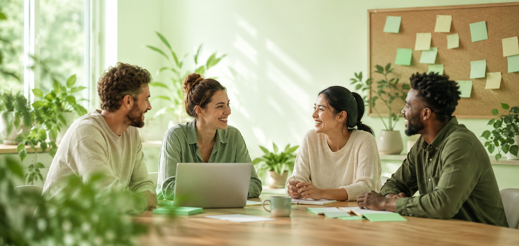 Small nonprofit team of four colleagues discussing strategy together in a bright office.