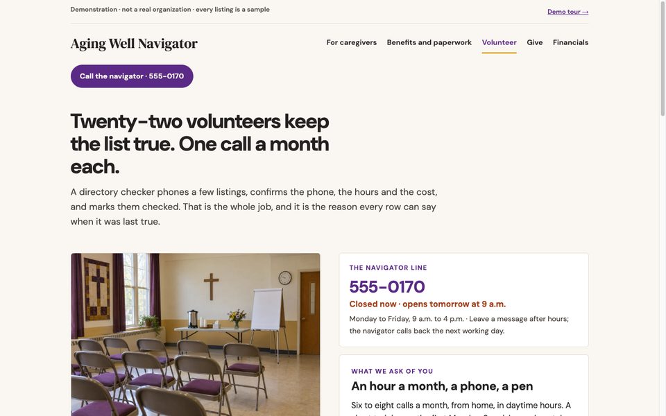 The Volunteer page with the monthly call sheet