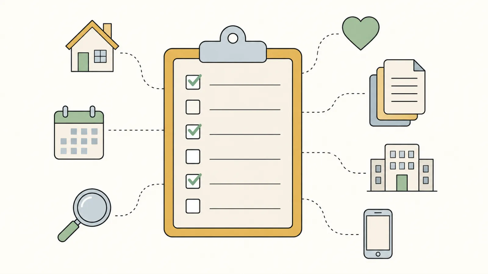 A clipboard checklist with some boxes ticked in sage, linked by dotted lines to small page icons: a house, a heart, a calendar, stacked documents, a building, a magnifying glass and a phone