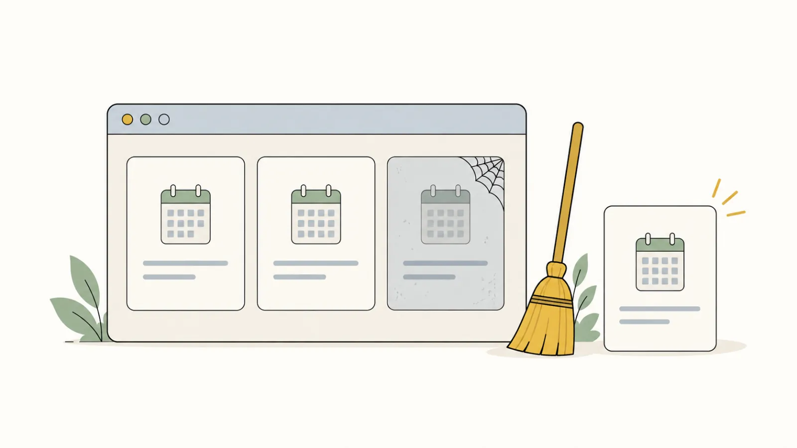 A browser window with three event cards, two crisp with calendar icons and a third faded with a cobweb in its corner, a broom and a fresh card waiting beside it