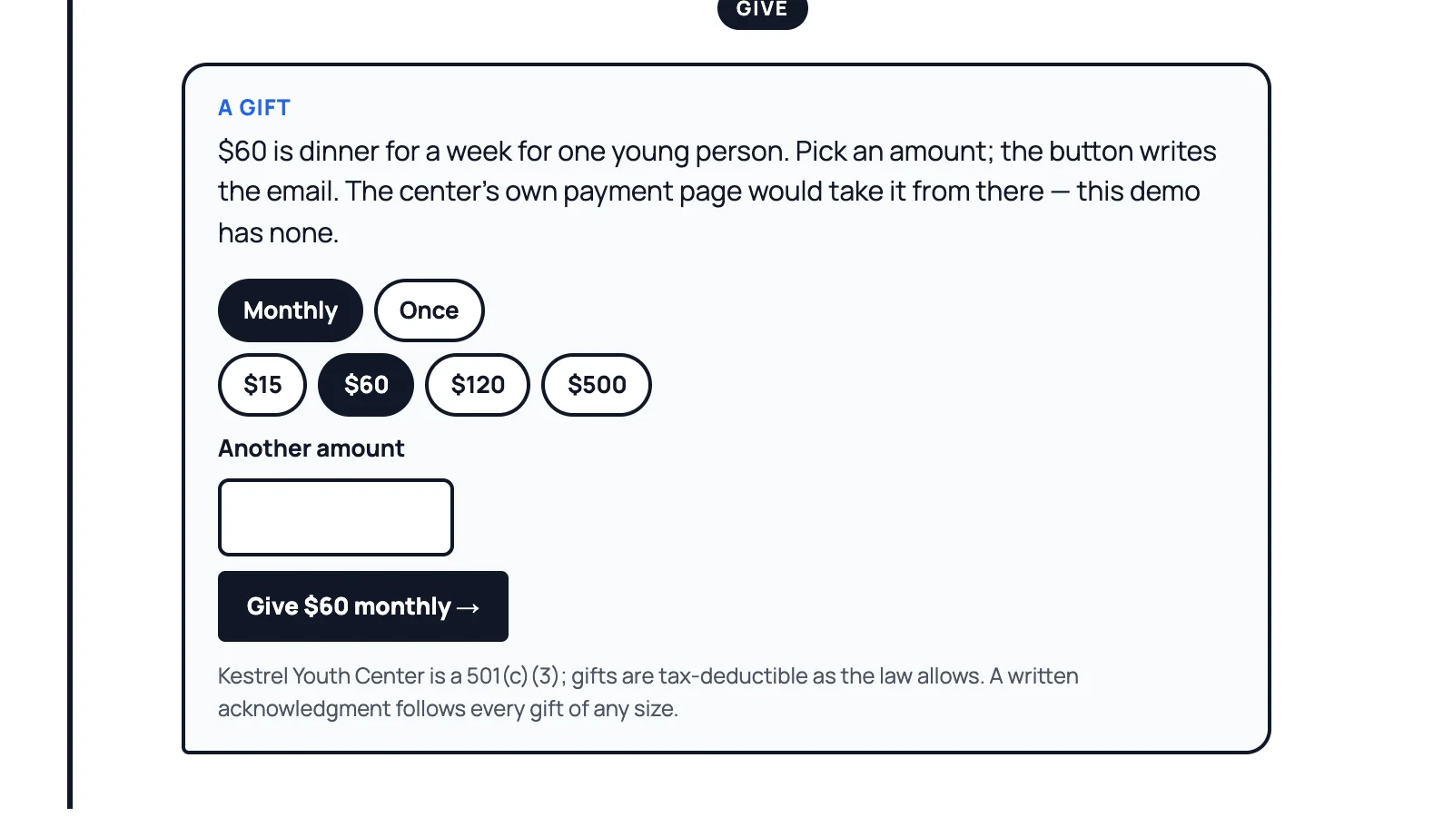 Kestrel Youth Center sample site: The give box with monthly selected and $60 chosen, saying $60 is dinner for a week for one young person
