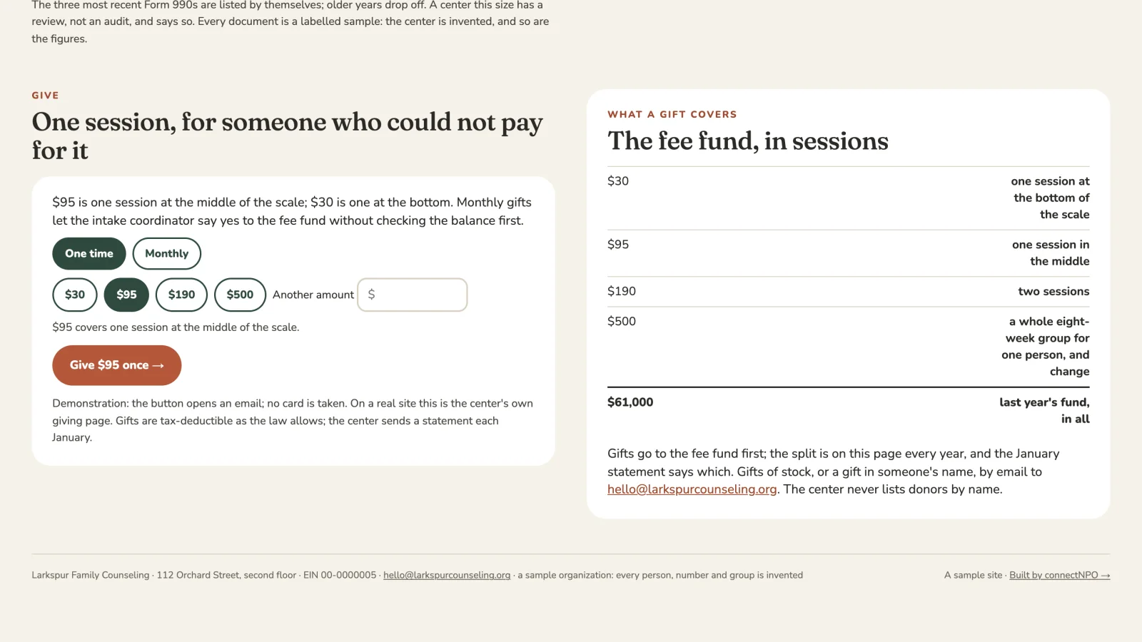 Larkspur Family Counseling sample site: The give panel for the fee fund with one time selected and $95 chosen, beside the fee fund in sessions