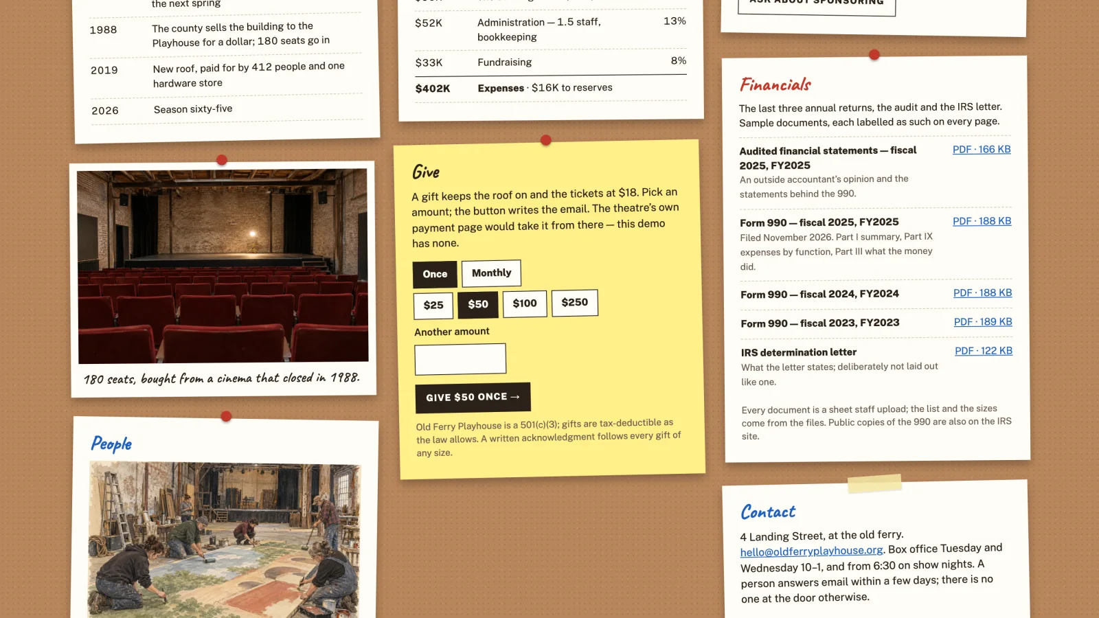 Old Ferry Playhouse sample site: A yellow give sheet pinned to the theater’s cork board, with once selected and $50 chosen