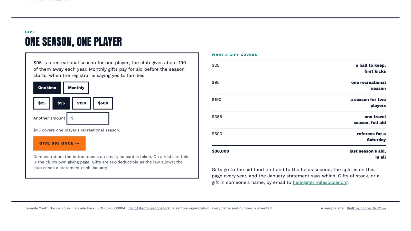 Tenmile Youth Soccer Club sample site: The give panel with one time selected and $95 chosen, beside a table of what each amount covers