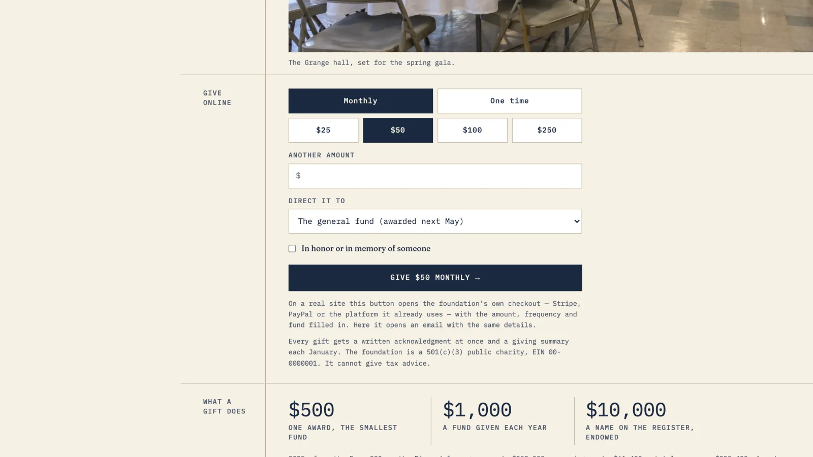 Wren Valley Scholarship Foundation sample site: The give panel with monthly selected, four amounts, a menu to direct the gift to a fund, and a checkbox for a gift in someone’s honor