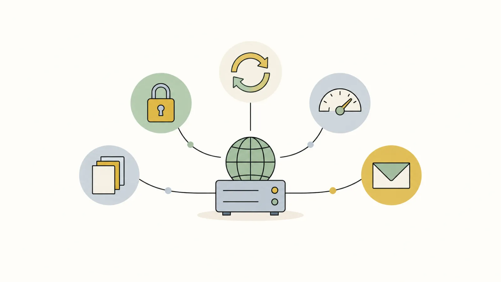 A small server box beside a globe, joined by thin lines to five icons: a padlock, two stacked copies of a page, a circular update arrow, a speed gauge and an envelope