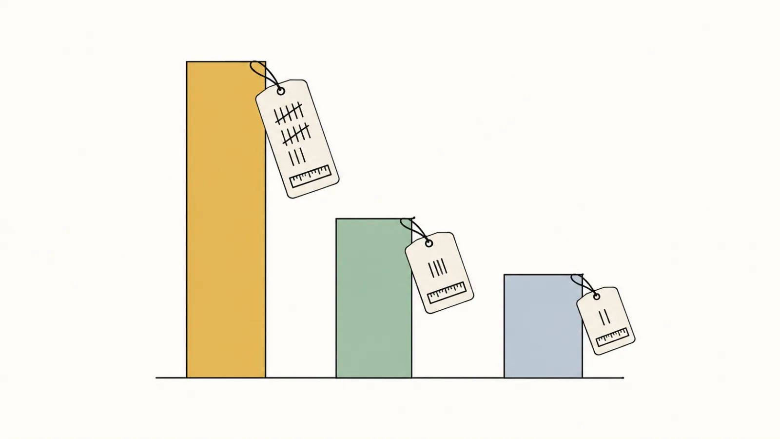 A tall ochre bar with a paper tag tied to it showing a tally sheet and a small ruler, beside two shorter sage and grey-blue bars that also carry tags