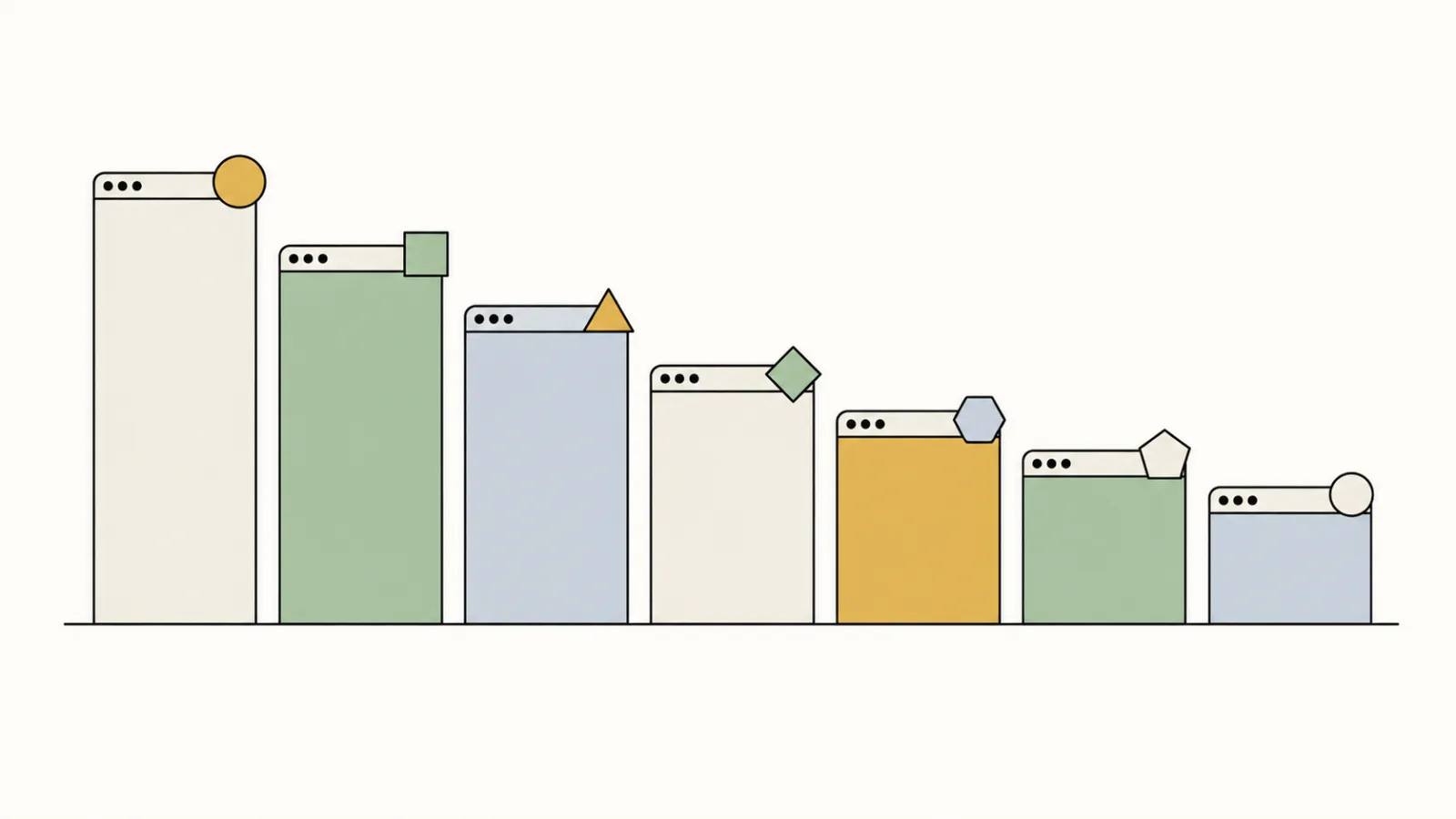 A row of browser windows of different widths sorted by height like a bar chart, each carrying a small different-shaped tag, on a cream background
