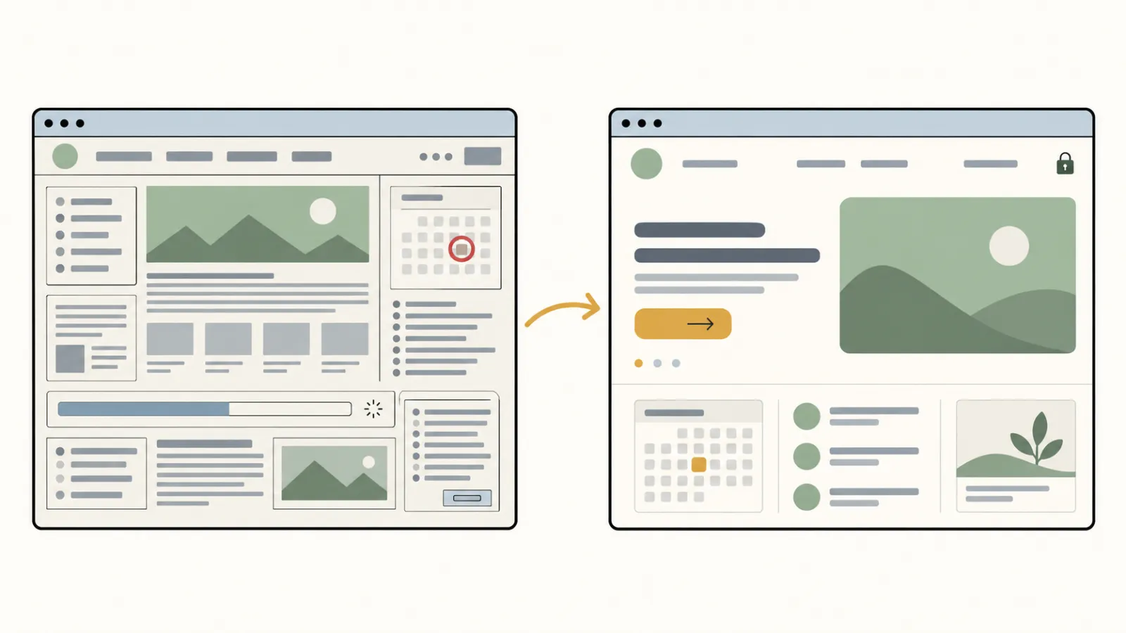 Two browser windows side by side: on the left a cluttered page with a past date circled in red and a loading bar stuck halfway, on the right a clean page with one clear button, a current calendar and a padlock