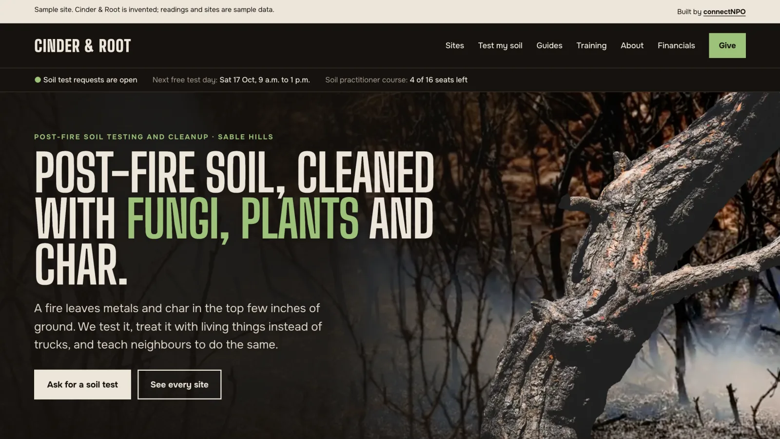 The home page of Cinder and Root, a sample nonprofit website built by connectNPO, with a charred tree in smoke beside a headline about cleaning post-fire soil with fungi, plants and char