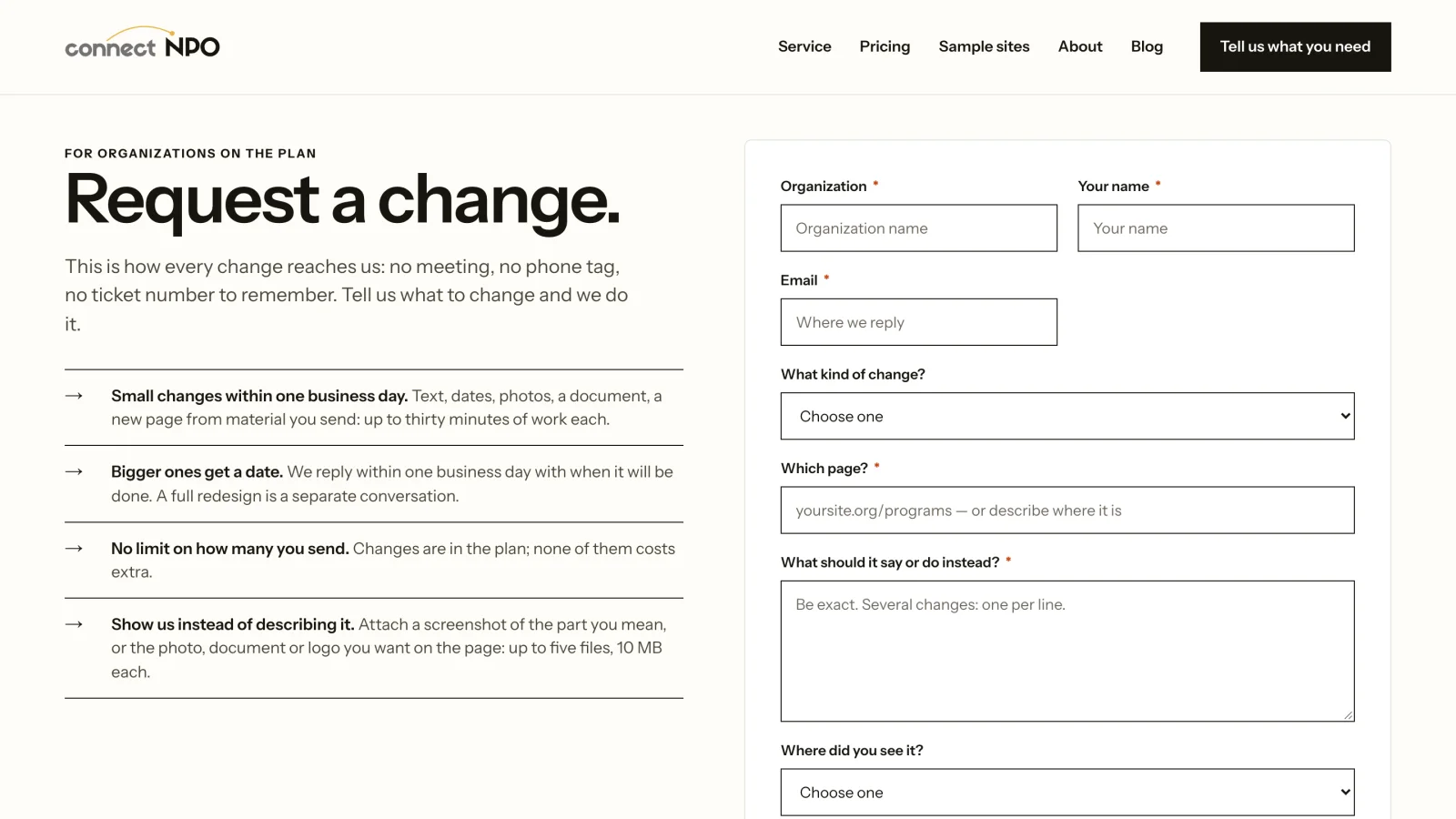The connectNPO Request a change page: a short list of promises beside a form asking for the organization, the page and what it should say instead
