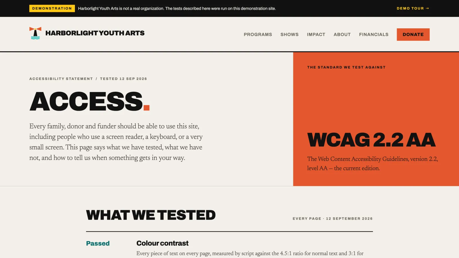 Harborlight Youth Arts sample site: the accessibility statement headed Access, naming WCAG 2.2 AA as the standard and listing what was tested, starting with color contrast