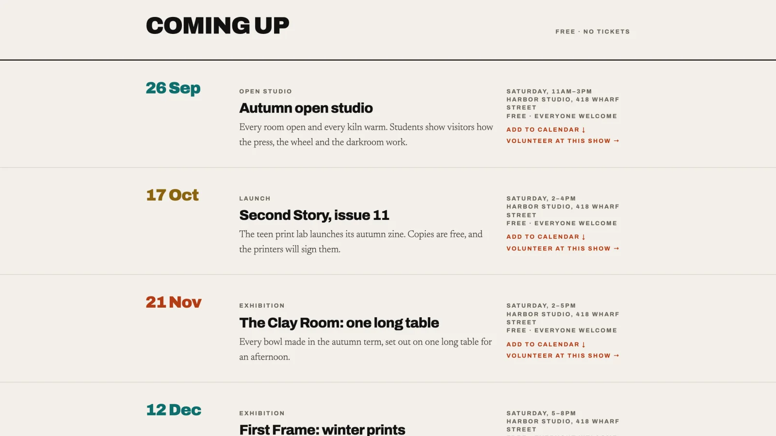 The Coming up list on the Harborlight Youth Arts sample site: dated events, each with its time, place and an add-to-calendar link