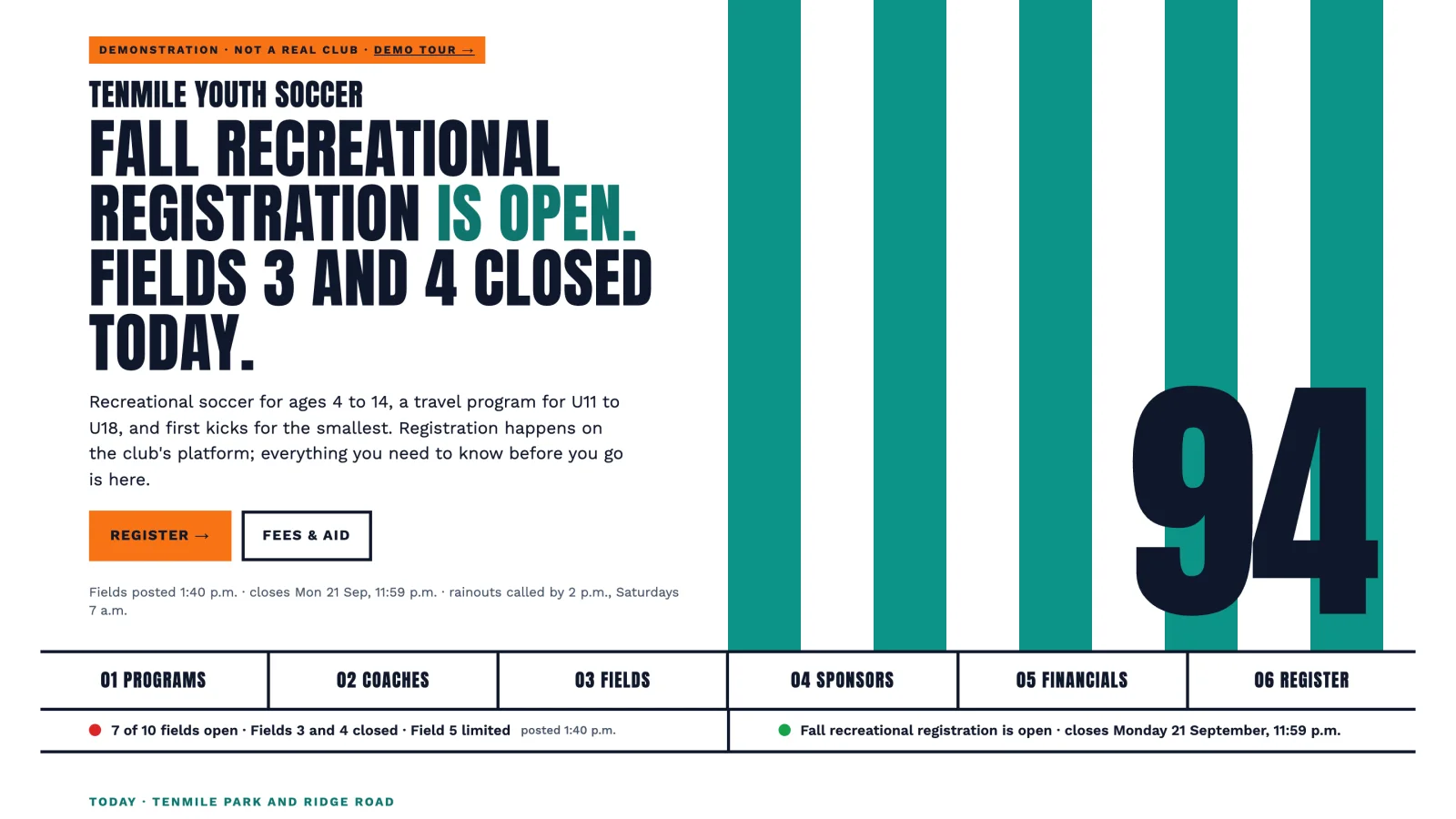 The Tenmile Youth Soccer Club sample home page: the headline says fall registration is open, and a strip below shows field status and when registration closes