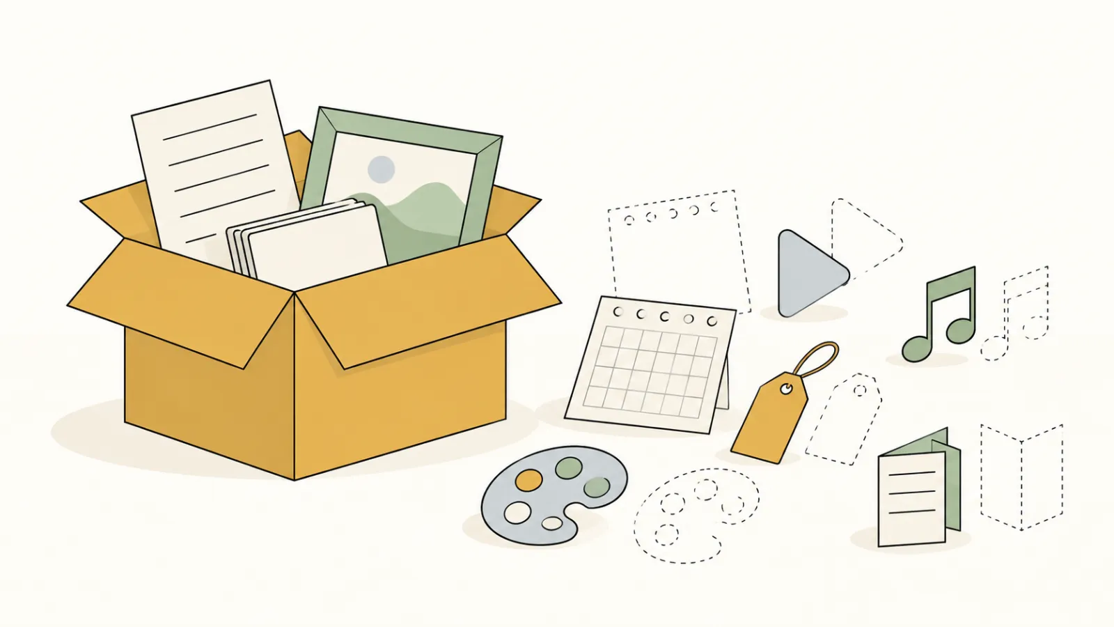 An open moving box holding a page of text, a picture frame and a stack of blog cards, with a calendar sheet, a video triangle, a music note and a price tag left on the floor beside it