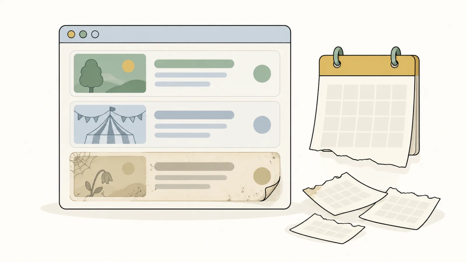 A web page with an events list: two fresh event cards and a third one faded, curling and cobwebbed, beside a wall calendar with its old pages torn off