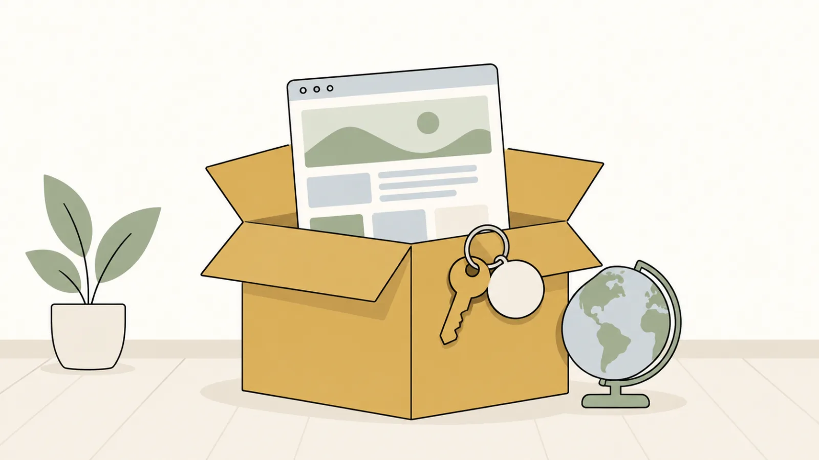 An open moving box holding a web page, with a key on a ring hanging from it and a small globe beside it