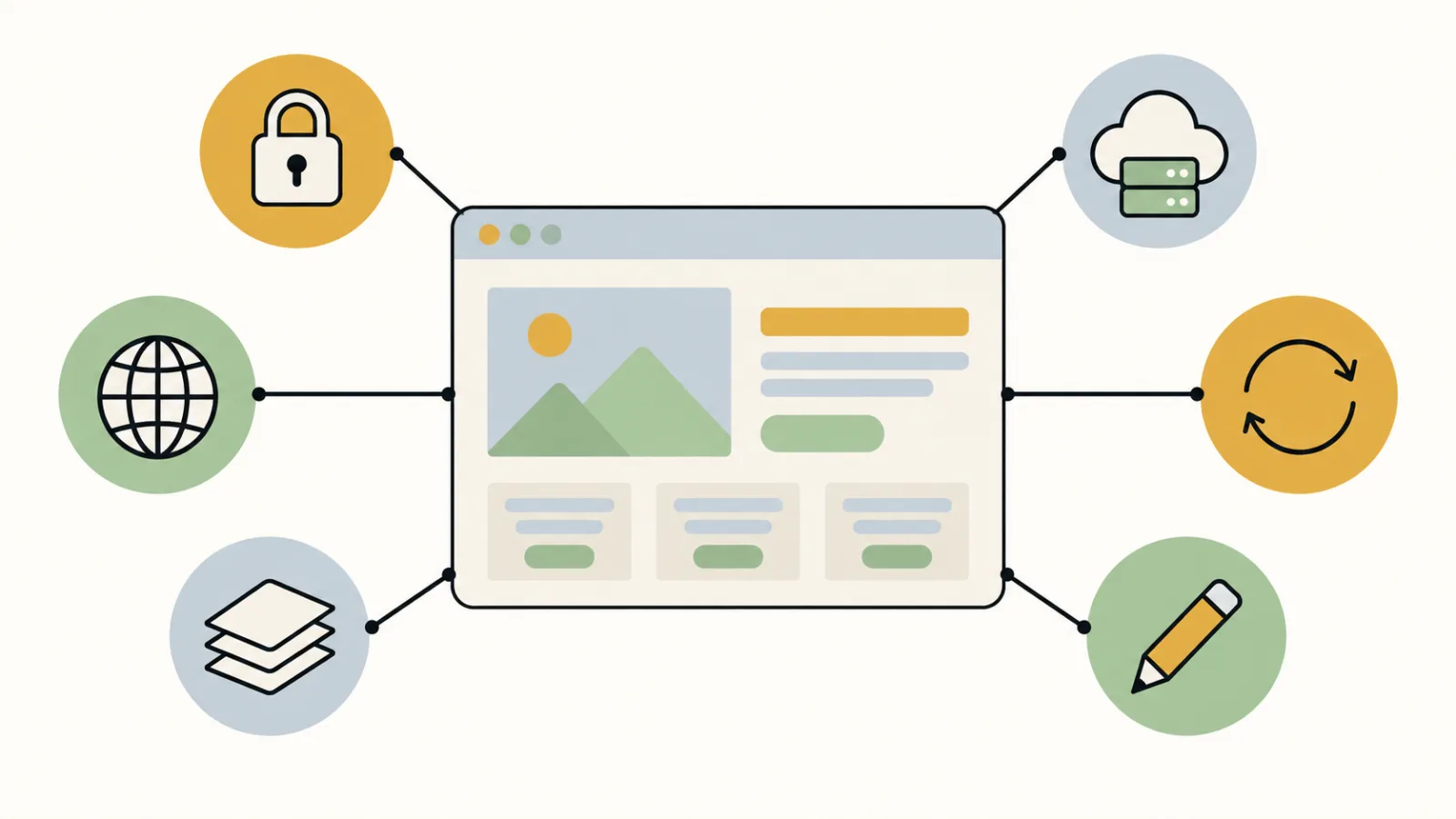 A web page in the middle, connected to six small badges: a padlock, a cloud server, a globe, a circular update arrow, a stack of copies and a pencil
