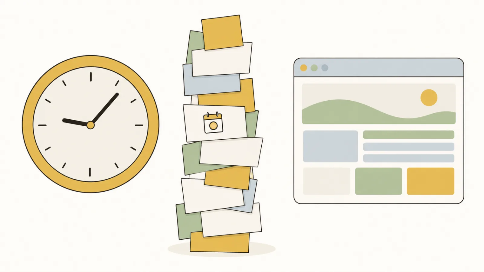 A wall clock, a tall leaning stack of task cards and sticky notes, and a web page