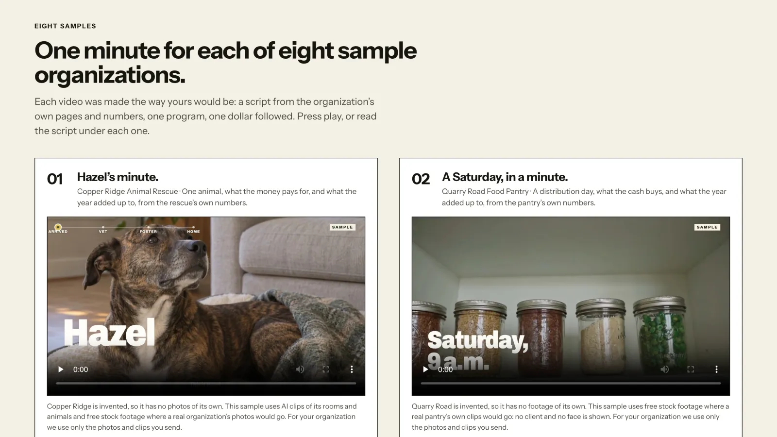 The Videos page on connectnpo.com: eight one-minute sample videos in a two-column gallery, each with a title, a disclosure note and a script that can be read instead