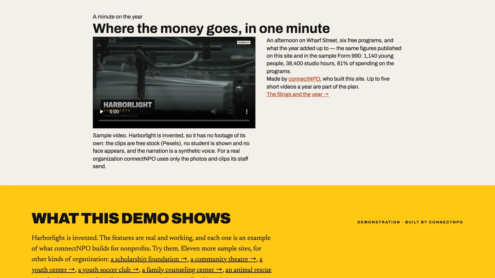 Harborlight Youth Arts sample site home page: the row titled A minute on the year, with the video player on the left and three sentences of the year in numbers on the right
