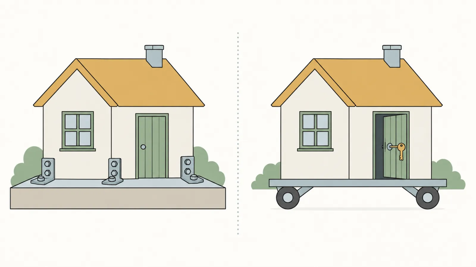 Two houses of the same size: one bolted down to a wide raised platform with brackets, the other sitting on a wheeled trolley with a key in its open door