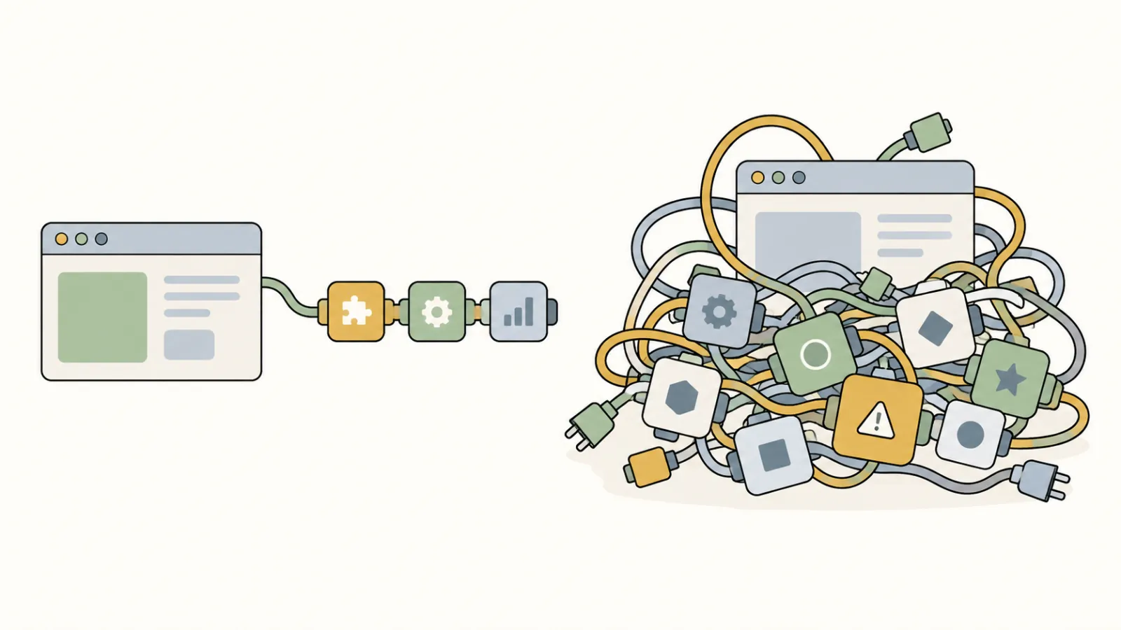 Two browser windows: the left one joined by a short neat cable to three tidy plug modules, the right one buried under a tangle of cables and mismatched modules, one with a warning sign