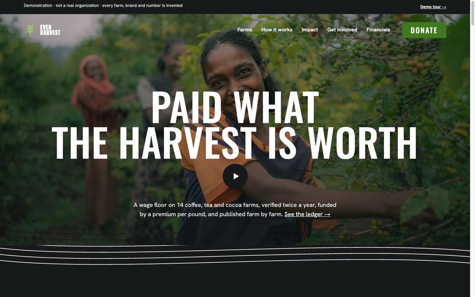 The home page: the hero photo with its play button