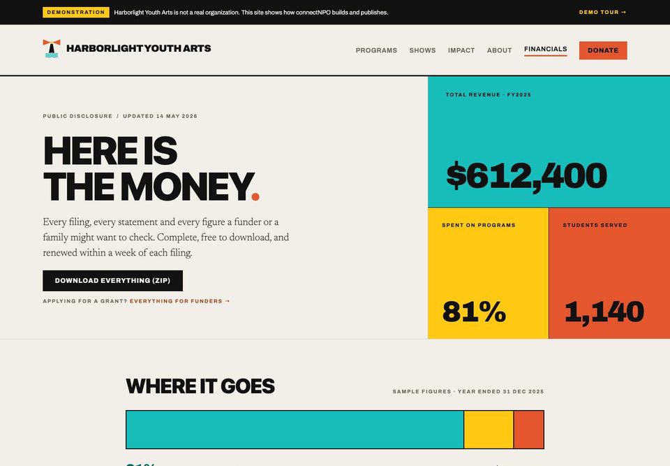 The financials page on the Harborlight sample site: the expense split and a list of labelled sample filings