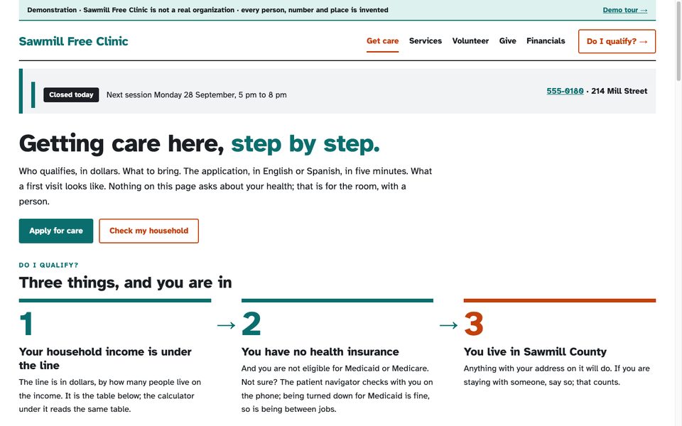 The Get care page with the status strip