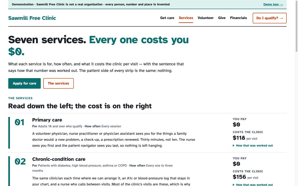 The Services page: strips with the cost per visit
