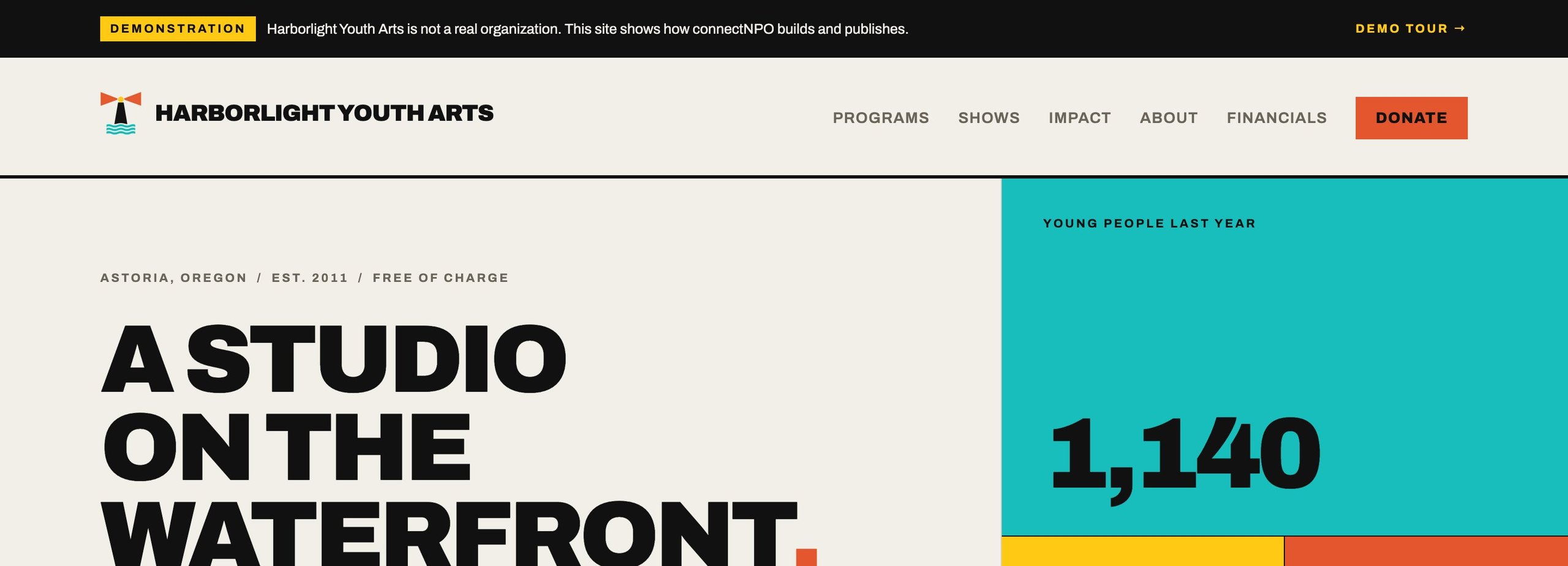 The Harborlight Youth Arts home page: a studio on the waterfront, the numbers 1,140 and $0 on coloured tiles