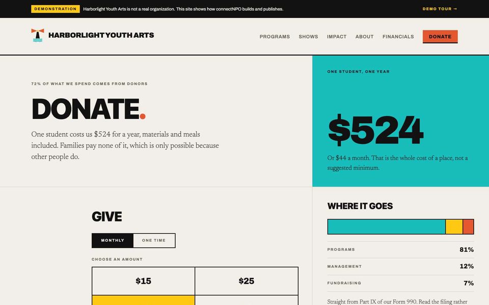 The Donate page: a give panel with monthly and one-time options and an expense split
