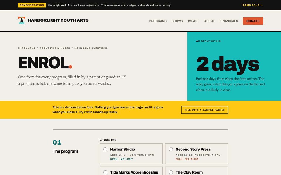 The enrolment form on the sample site with the program choice showing 'Join the waitlist'