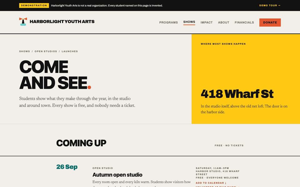 The Shows page: upcoming events with calendar links, and a filtered gallery of student work
