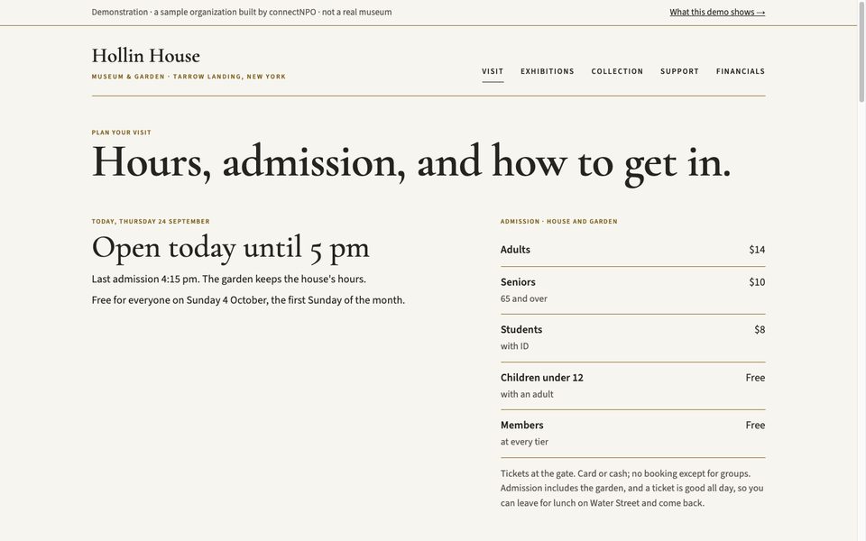 The Visit page: today, then the admission table