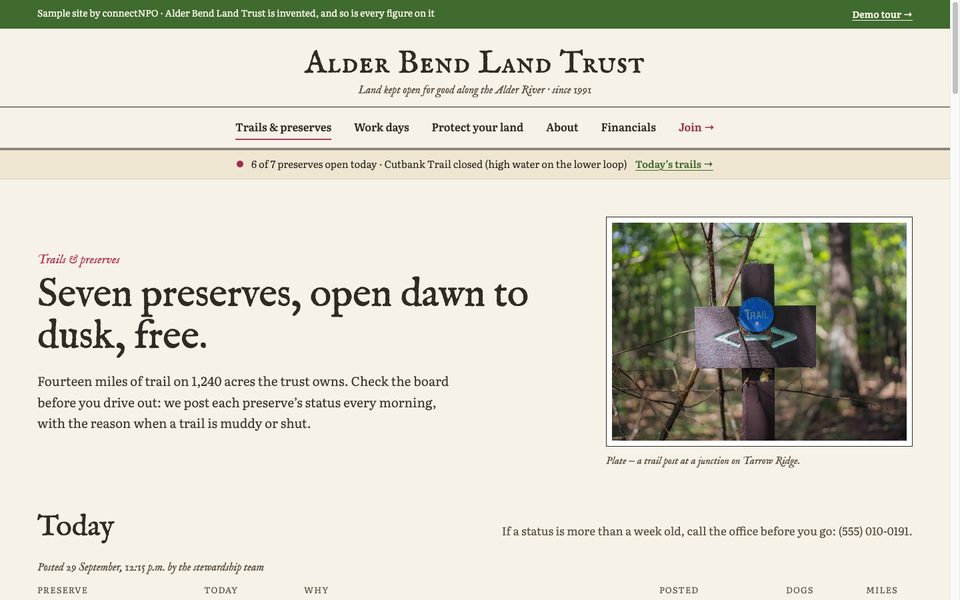 The Trails & preserves page: the status board