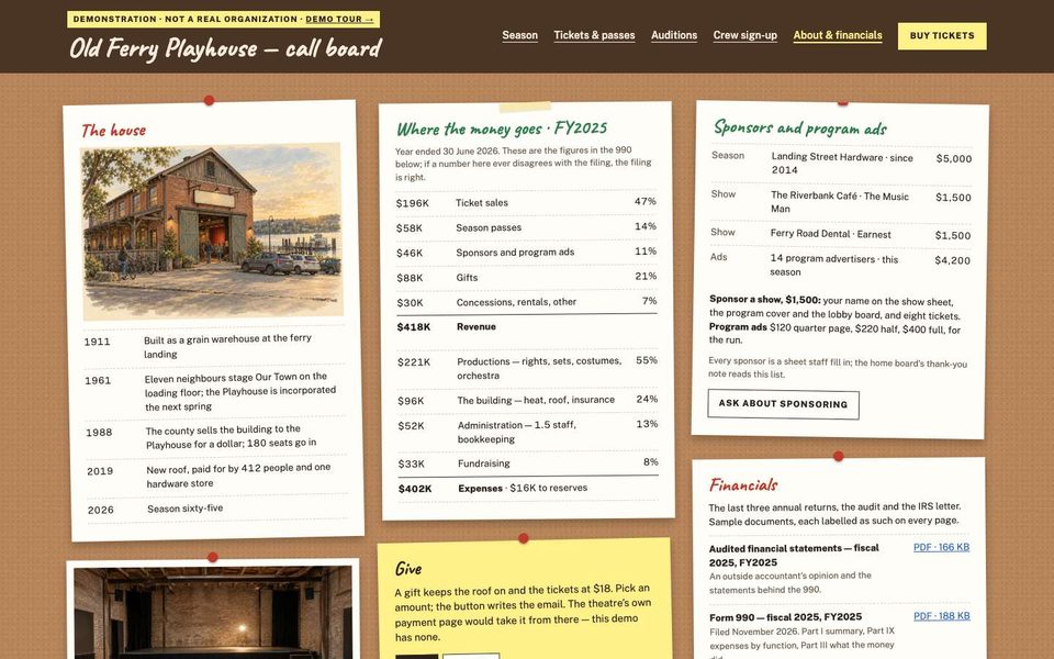 The About page with sponsors and filings