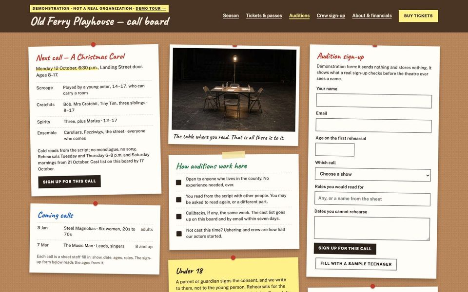 The Auditions page with the sign-up sheet