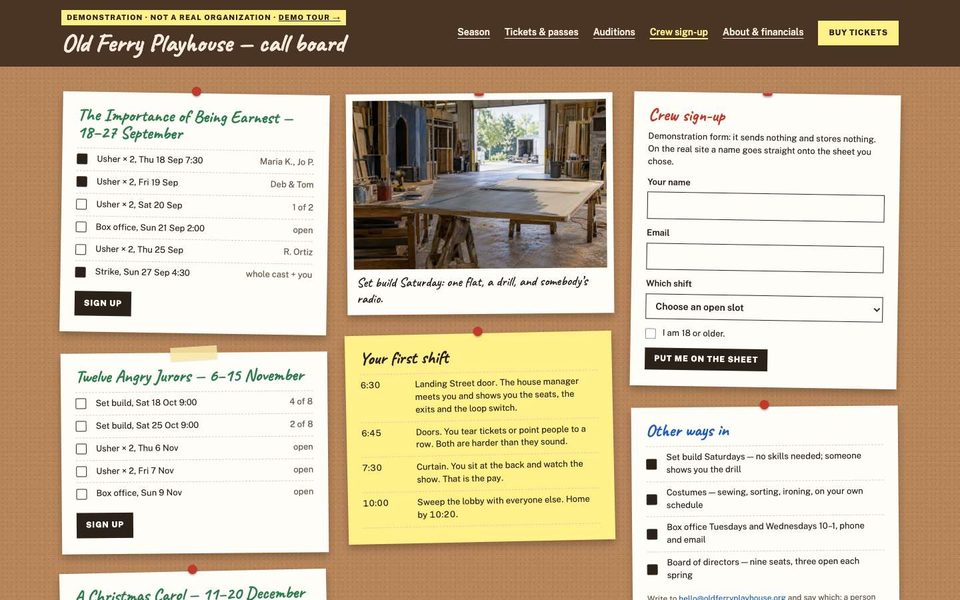 The crew sign-up page with a sheet per performance