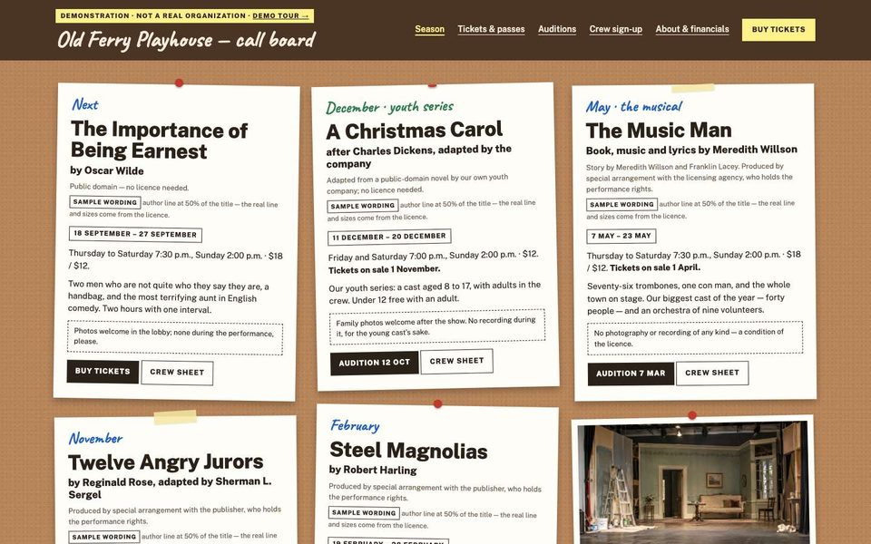 The Season page: show sheets pinned to the board