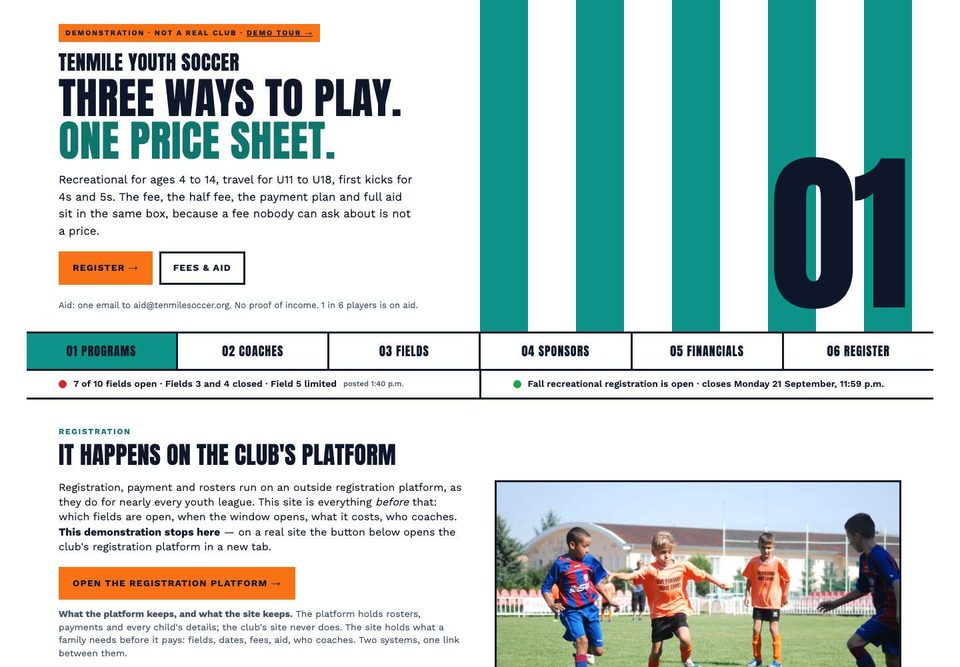 The programs page on the Tenmile sample site: three programs with fees, a registration window and the fields open today