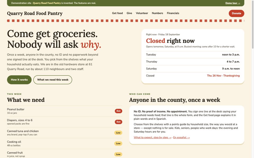 The home page with the open/closed card