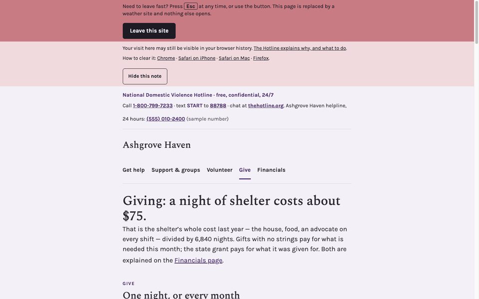 The Give page with the wishlist and the store hours