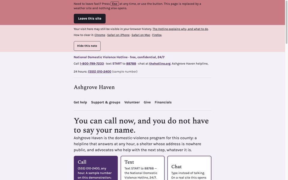 The home page: the escape bar, the hotline header, three ways to reach help