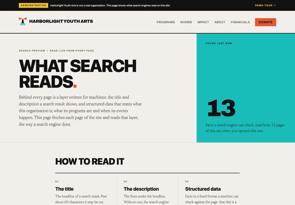 The search-preview page on the Harborlight sample site: every page's title, description and structured data explained in plain words