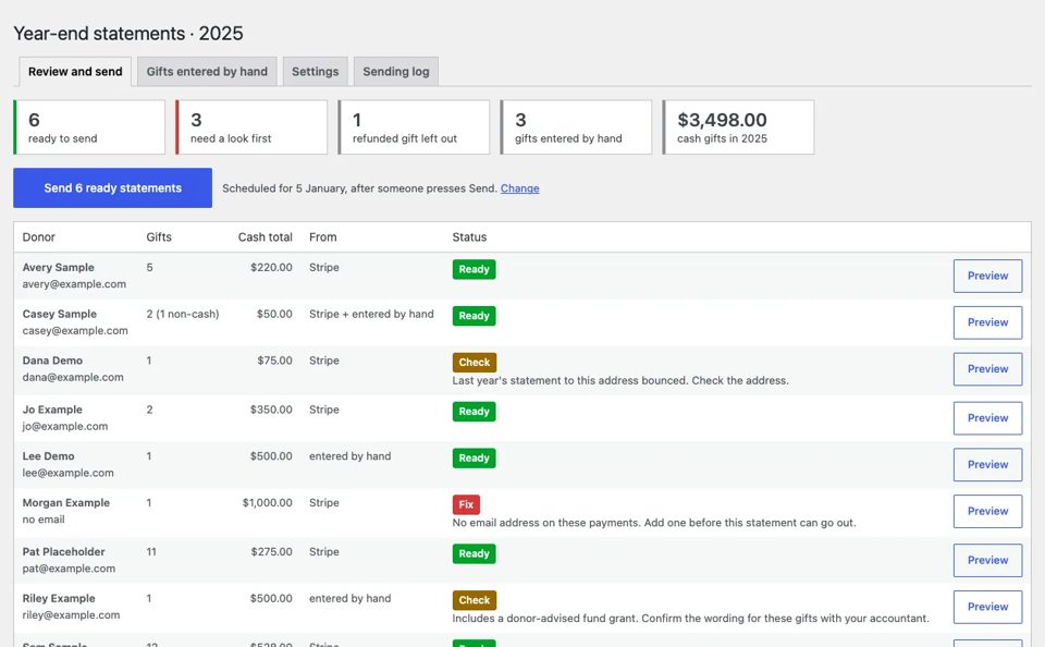 The year-end statements staff screen: counts of statements ready and to check, and a list of sample donors with a status each